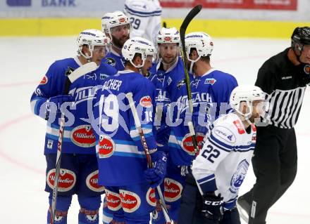 EBEL. Eishockey Bundesliga. Testspiel. VSV gegen SC Riessersee. Torjubel Valentin Leiler, Stefan Bacher, Kyle Beach, Ryan Glenn, Andrew Sarauer (VSV). Villach, am 25.8.2017.
Foto: Kuess
---
pressefotos, pressefotografie, kuess, qs, qspictures, sport, bild, bilder, bilddatenbank