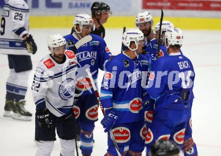 EBEL. Eishockey Bundesliga. Testspiel. VSV gegen SC Riessersee. Torjubel Valentin Leiler, Stefan Bacher, Kyle Beach, Ryan Glenn, Andrew Sarauer (VSV). Villach, am 25.8.2017.
Foto: Kuess
---
pressefotos, pressefotografie, kuess, qs, qspictures, sport, bild, bilder, bilddatenbank