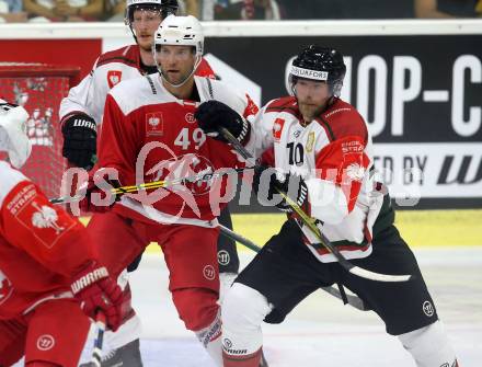 Eishockey CHL. Champions Hockey League. KAC gegen Froelunda. Richard Regier, (KAC), Sean Bergenheim (Froelunda). Klagenfurt, am 31.8.2017.
Foto: Kuess

---
pressefotos, pressefotografie, kuess, qs, qspictures, sport, bild, bilder, bilddatenbank