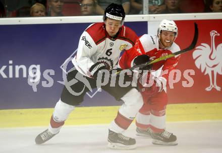 Eishockey CHL. Champions Hockey League. KAC gegen Froelunda. Johannes Bischofberger, (KAC), Kristoffer Gunnarsson (Froelunda). Klagenfurt, am 31.8.2017.
Foto: Kuess

---
pressefotos, pressefotografie, kuess, qs, qspictures, sport, bild, bilder, bilddatenbank