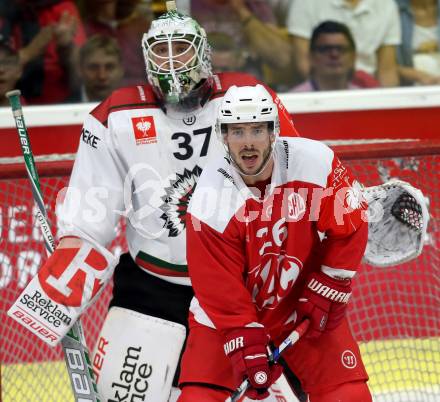 Eishockey CHL. Champions Hockey League. KAC gegen Froelunda. Jonathan Rheault, (KAC),  Johan Gustafsson (Froelunda). Klagenfurt, am 31.8.2017.
Foto: Kuess

---
pressefotos, pressefotografie, kuess, qs, qspictures, sport, bild, bilder, bilddatenbank