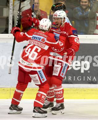 EBEL. Eishockey Bundesliga. KAC gegen Graz 99ers. Torjubel Jonathan Rheault, Johannes Bischofberger (KAC). Klagenfurt, am 08.9.2017.
Foto: Kuess

---
pressefotos, pressefotografie, kuess, qs, qspictures, sport, bild, bilder, bilddatenbank