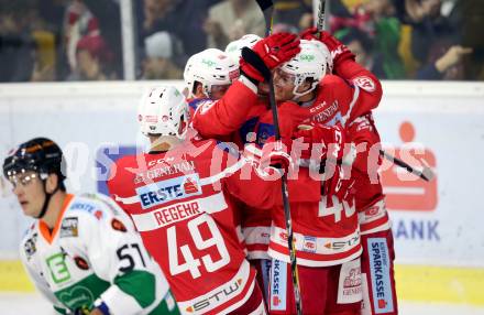 EBEL. Eishockey Bundesliga. KAC gegen Graz 99ers. Torjubel Martin Schumnig, Julian Talbot, Manuel Ganahl, Richard Regehr (KAC). Klagenfurt, am 08.9.2017.
Foto: Kuess

---
pressefotos, pressefotografie, kuess, qs, qspictures, sport, bild, bilder, bilddatenbank