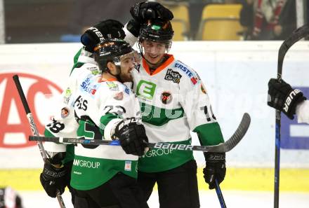 EBEL. Eishockey Bundesliga. KAC gegen Graz 99ers. Torjubel, Zintis Nauris Zusevics, Brock Higgs, Ken Ograjensek (Graz). Klagenfurt, am 08.9.2017.
Foto: Kuess

---
pressefotos, pressefotografie, kuess, qs, qspictures, sport, bild, bilder, bilddatenbank
