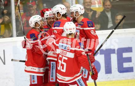 EBEL. Eishockey Bundesliga. KAC gegen Graz 99ers. Torjubel Jonathan Rheault, Johannes Bischofberger, Thomas HUndertpfund, Mitja Robar, Christoph Duller (KAC). Klagenfurt, am 08.9.2017.
Foto: Kuess

---
pressefotos, pressefotografie, kuess, qs, qspictures, sport, bild, bilder, bilddatenbank