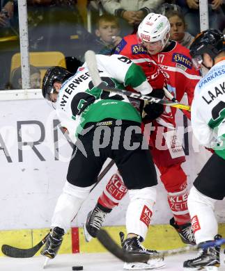 EBEL. Eishockey Bundesliga. KAC gegen Graz 99ers. Manuel Ganahl (KAC), Clemens Unterweger (Graz). Klagenfurt, am 08.9.2017.
Foto: Kuess

---
pressefotos, pressefotografie, kuess, qs, qspictures, sport, bild, bilder, bilddatenbank