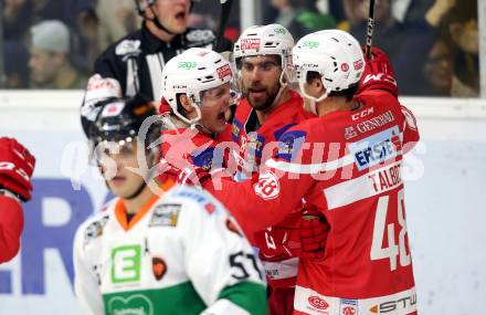 EBEL. Eishockey Bundesliga. KAC gegen Graz 99ers. Torjubel Martin Schumnig, Julian Talbot, Manuel Ganahl (KAC). Klagenfurt, am 08.9.2017.
Foto: Kuess

---
pressefotos, pressefotografie, kuess, qs, qspictures, sport, bild, bilder, bilddatenbank