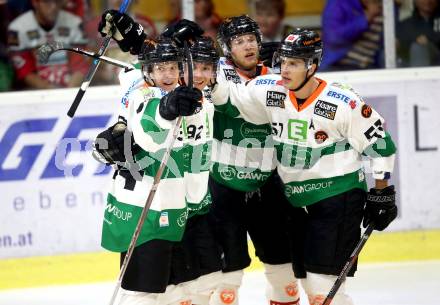 EBEL. Eishockey Bundesliga. KAC gegen Graz 99ers. Torjubel Clemens Unterweger, Aleksi Laakso, Daniel Woger, Jonathan Carlsson (Graz). Klagenfurt, am 08.9.2017.
Foto: Kuess

---
pressefotos, pressefotografie, kuess, qs, qspictures, sport, bild, bilder, bilddatenbank