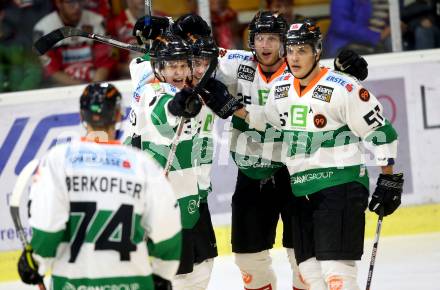EBEL. Eishockey Bundesliga. KAC gegen Graz 99ers. Torjubel Clemens Unterweger, Aleksi Laakso, Daniel Woger, Jonathan Carlsson, Daniel Oberkofler (Graz). Klagenfurt, am 08.9.2017.
Foto: Kuess

---
pressefotos, pressefotografie, kuess, qs, qspictures, sport, bild, bilder, bilddatenbank