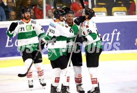 EBEL. Eishockey Bundesliga. KAC gegen Graz 99ers. Torjubel Oliver Setzinger, Aleksi Laakso, Kurtis McLean (Graz). Klagenfurt, am 08.9.2017.
Foto: Kuess

---
pressefotos, pressefotografie, kuess, qs, qspictures, sport, bild, bilder, bilddatenbank