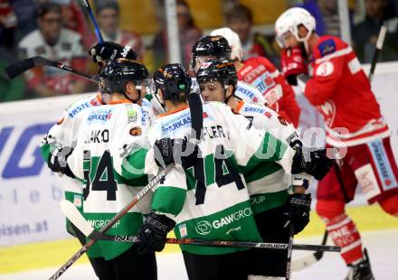 EBEL. Eishockey Bundesliga. KAC gegen Graz 99ers. Torjubel Clemens Unterweger, Aleksi Laakso, Daniel Woger, Jonathan Carlsson, Daniel Oberkofler (Graz). Klagenfurt, am 08.9.2017.
Foto: Kuess

---
pressefotos, pressefotografie, kuess, qs, qspictures, sport, bild, bilder, bilddatenbank