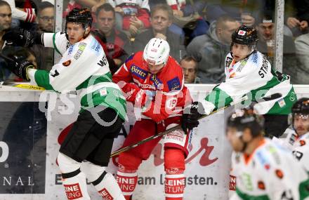 EBEL. Eishockey Bundesliga. KAC gegen Graz 99ers. Stefan Geier
(KAC), Peter Robin Weihager, Rupert Strohmeier (Graz). Klagenfurt, am 08.9.2017.
Foto: Kuess

---
pressefotos, pressefotografie, kuess, qs, qspictures, sport, bild, bilder, bilddatenbank