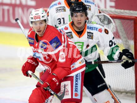 EBEL. Eishockey Bundesliga. KAC gegen Graz 99ers. Patrick Harand (KAC), Clemens Unterweger (Graz). Klagenfurt, am 08.9.2017.
Foto: Kuess

---
pressefotos, pressefotografie, kuess, qs, qspictures, sport, bild, bilder, bilddatenbank