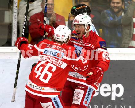 EBEL. Eishockey Bundesliga. KAC gegen Graz 99ers. Torjubel Jonathan Rheault, Johannes Bischofberger (KAC). Klagenfurt, am 08.9.2017.
Foto: Kuess

---
pressefotos, pressefotografie, kuess, qs, qspictures, sport, bild, bilder, bilddatenbank