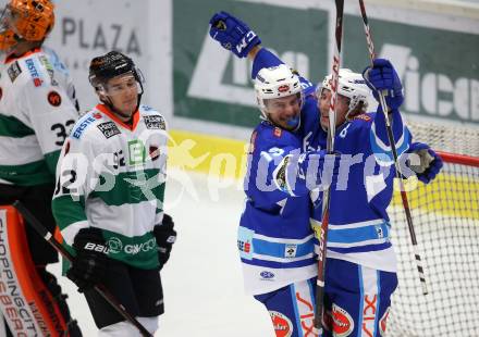 EBEL. Eishockey Bundesliga. EC VSV gegen Moser Medical Graz99ers. Torjubel Stefan Bacher, Valentin Leiler (VSV). Villach, am 10.9.2017.
Foto: Kuess 


---
pressefotos, pressefotografie, kuess, qs, qspictures, sport, bild, bilder, bilddatenbank