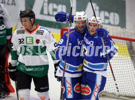 EBEL. Eishockey Bundesliga. EC VSV gegen Moser Medical Graz99ers. Torjubel Stefan Bacher, Valentin Leiler (VSV). Villach, am 10.9.2017.
Foto: Kuess 


---
pressefotos, pressefotografie, kuess, qs, qspictures, sport, bild, bilder, bilddatenbank