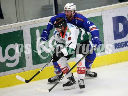 EBEL. Eishockey Bundesliga. EC VSV gegen Moser Medical Graz99ers. Dave Shields,  (VSV), Evan Brophey (Graz). Villach, am 10.9.2017.
Foto: Kuess 


---
pressefotos, pressefotografie, kuess, qs, qspictures, sport, bild, bilder, bilddatenbank