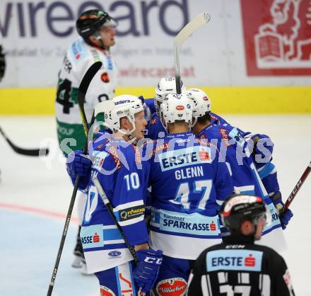 EBEL. Eishockey Bundesliga. EC VSV gegen Moser Medical Graz99ers.  Torjubel Ryan Glenn, Benjamin Petrik, Stefan Bacher, Robert Flick (VSV). Villach, am 10.9.2017.
Foto: Kuess 


---
pressefotos, pressefotografie, kuess, qs, qspictures, sport, bild, bilder, bilddatenbank