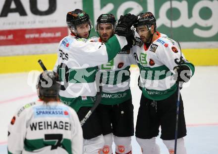 EBEL. Eishockey Bundesliga. EC VSV gegen Moser Medical Graz99ers.  Torjubel Zintis Nauris Zusevics, Brock Higgs, Justin Buzzeo, Robin Peter Weihager (Graz). Villach, am 10.9.2017.
Foto: Kuess 


---
pressefotos, pressefotografie, kuess, qs, qspictures, sport, bild, bilder, bilddatenbank