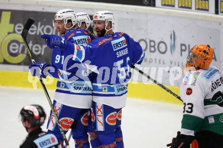 EBEL. Eishockey Bundesliga. EC VSV gegen Moser Medical Graz99ers. Torjubel Miha Verlic, Andrew Sarauer (VSV). Villach, am 10.9.2017.
Foto: Kuess 


---
pressefotos, pressefotografie, kuess, qs, qspictures, sport, bild, bilder, bilddatenbank