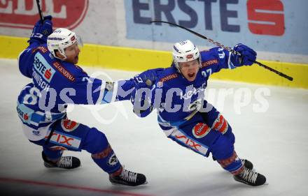 EBEL. Eishockey Bundesliga. EC VSV gegen Moser Medical Graz99ers. Torjubel Christian Jennes, Sam Antonitsch (VSV). Villach, am 10.9.2017.
Foto: Kuess 


---
pressefotos, pressefotografie, kuess, qs, qspictures, sport, bild, bilder, bilddatenbank