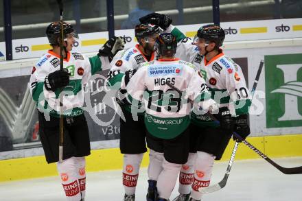 EBEL. Eishockey Bundesliga. EC VSV gegen Moser Medical Graz99ers. Torjubel Justin Buzzeo, Brock Higgs, Zintis Nauris Zusevics, Rupert Strohmeier (Graz). Villach, am 10.9.2017.
Foto: Kuess 


---
pressefotos, pressefotografie, kuess, qs, qspictures, sport, bild, bilder, bilddatenbank