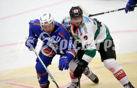 EBEL. Eishockey Bundesliga. EC VSV gegen Moser Medical Graz99ers. Ben Walter,  (VSV), Evan Brophey (Graz). Villach, am 10.9.2017.
Foto: Kuess 


---
pressefotos, pressefotografie, kuess, qs, qspictures, sport, bild, bilder, bilddatenbank