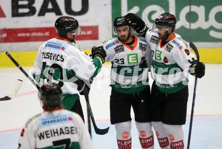 EBEL. Eishockey Bundesliga. EC VSV gegen Moser Medical Graz99ers.  Torjubel Zintis Nauris Zusevics, Brock Higgs, Justin Buzzeo, Robin Peter Weihager (Graz). Villach, am 10.9.2017.
Foto: Kuess 


---
pressefotos, pressefotografie, kuess, qs, qspictures, sport, bild, bilder, bilddatenbank