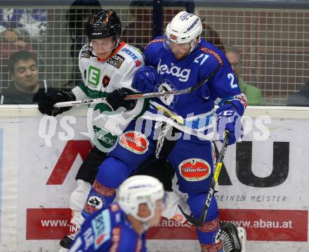 EBEL. Eishockey Bundesliga. EC VSV gegen Moser Medical Graz99ers. Benjamin Petrik,  (VSV), Aleksi Laakso (Graz). Villach, am 10.9.2017.
Foto: Kuess 


---
pressefotos, pressefotografie, kuess, qs, qspictures, sport, bild, bilder, bilddatenbank