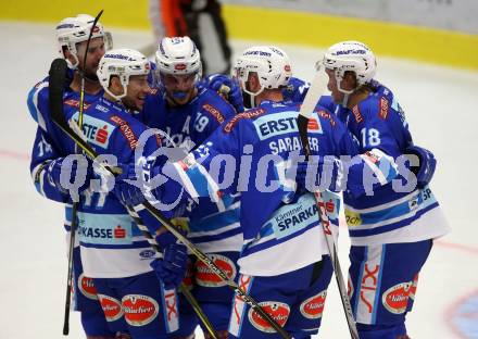 EBEL. Eishockey Bundesliga. EC VSV gegen Moser Medical Graz99ers. Torjubel Stefan Bacher, Valentin Leiler, Andrew Sarauer, Kyle Beach, Ryan Glenn (VSV). Villach, am 10.9.2017.
Foto: Kuess 


---
pressefotos, pressefotografie, kuess, qs, qspictures, sport, bild, bilder, bilddatenbank