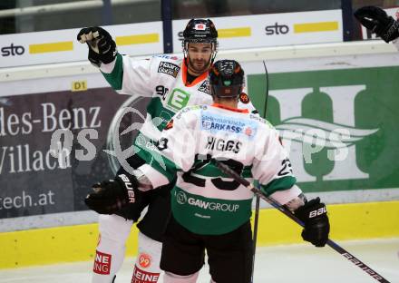 EBEL. Eishockey Bundesliga. EC VSV gegen Moser Medical Graz99ers.  Torjubel Justin Buzzeo, Brock Higgs (Graz). Villach, am 10.9.2017.
Foto: Kuess 


---
pressefotos, pressefotografie, kuess, qs, qspictures, sport, bild, bilder, bilddatenbank