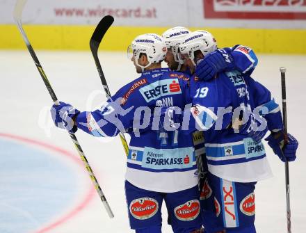 EBEL. Eishockey Bundesliga. EC VSV gegen Moser Medical Graz99ers. Torjubel Ryan Glenn, Benjamin Petrik, Stefan Bacher (VSV). Villach, am 10.9.2017.
Foto: Kuess 


---
pressefotos, pressefotografie, kuess, qs, qspictures, sport, bild, bilder, bilddatenbank