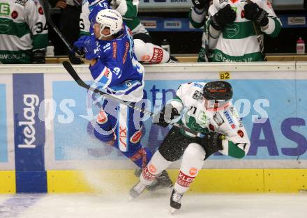 EBEL. Eishockey Bundesliga. EC VSV gegen Moser Medical Graz99ers. Miha Verlic,  (VSV), Kurtis McLean (Graz). Villach, am 10.9.2017.
Foto: Kuess 


---
pressefotos, pressefotografie, kuess, qs, qspictures, sport, bild, bilder, bilddatenbank