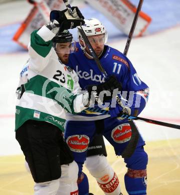 EBEL. Eishockey Bundesliga. EC VSV gegen Moser Medical Graz99ers. Ben Walter,  (VSV), Brock Higgs (Graz). Villach, am 10.9.2017.
Foto: Kuess 


---
pressefotos, pressefotografie, kuess, qs, qspictures, sport, bild, bilder, bilddatenbank