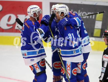 EBEL. Eishockey Bundesliga. EC VSV gegen Moser Medical Graz99ers. Torjubel Miha Verlic, Andrew Sarauer, Dave Shields (VSV). Villach, am 10.9.2017.
Foto: Kuess 


---
pressefotos, pressefotografie, kuess, qs, qspictures, sport, bild, bilder, bilddatenbank