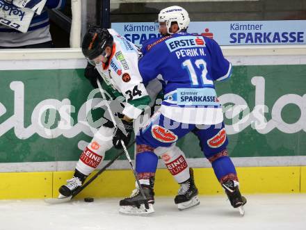 EBEL. Eishockey Bundesliga. EC VSV gegen Moser Medical Graz99ers. Nikolas Petrik,  (VSV), Aleksi Laakso (Graz). Villach, am 10.9.2017.
Foto: Kuess 


---
pressefotos, pressefotografie, kuess, qs, qspictures, sport, bild, bilder, bilddatenbank