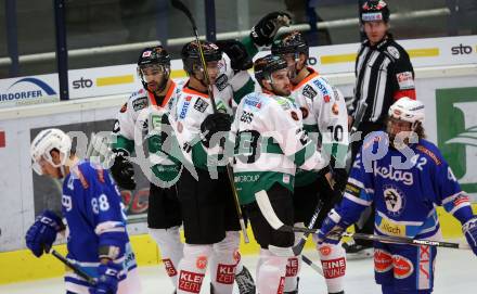 EBEL. Eishockey Bundesliga. EC VSV gegen Moser Medical Graz99ers. Torjubel Justin Buzzeo, Brock Higgs, Zintis Nauris Zusevics, Rupert Strohmeier (Graz). Villach, am 10.9.2017.
Foto: Kuess 


---
pressefotos, pressefotografie, kuess, qs, qspictures, sport, bild, bilder, bilddatenbank