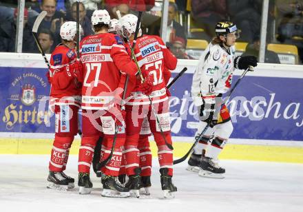 EBEL. Eishockey Bundesliga. KAC gegen HC Orli Znojmo. Torjubel Johannes Bischofberger, Marco Brucker, Thomas HUndertpfund, Mitja Robar, Christoph Duller (KAC). Klagenfurt, am 15.9.2017.
Foto: Kuess

---
pressefotos, pressefotografie, kuess, qs, qspictures, sport, bild, bilder, bilddatenbank