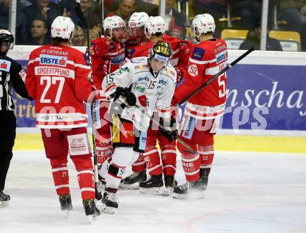 EBEL. Eishockey Bundesliga. KAC gegen HC Orli Znojmo. Torjubel Johannes Bischofberger, Marco Brucker, Thomas HUndertpfund, Mitja Robar, Christoph Duller (KAC). Klagenfurt, am 15.9.2017.
Foto: Kuess

---
pressefotos, pressefotografie, kuess, qs, qspictures, sport, bild, bilder, bilddatenbank