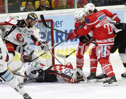 EBEL. Eishockey Bundesliga. KAC gegen HC Orli Znojmo. Marco Brucker, Thomas HUndertpfund,  (KAC), Marek Schwarz, Pavel Skrbek (Znojmo). Klagenfurt, am 15.9.2017.
Foto: Kuess

---
pressefotos, pressefotografie, kuess, qs, qspictures, sport, bild, bilder, bilddatenbank