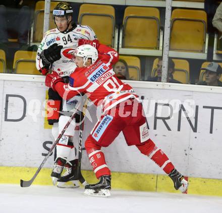 EBEL. Eishockey Bundesliga. KAC gegen HC Orli Znojmo. Marco Richter,  (KAC), Stepan Csamango (Znojmo). Klagenfurt, am 15.9.2017.
Foto: Kuess

---
pressefotos, pressefotografie, kuess, qs, qspictures, sport, bild, bilder, bilddatenbank