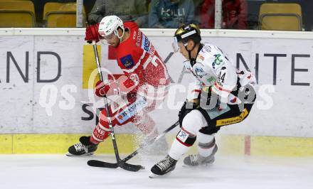 EBEL. Eishockey Bundesliga. KAC gegen HC Orli Znojmo. Steven Strong, (KAC), Petr Mrazek (Znojmo). Klagenfurt, am 15.9.2017.
Foto: Kuess

---
pressefotos, pressefotografie, kuess, qs, qspictures, sport, bild, bilder, bilddatenbank