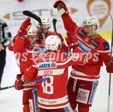 EBEL. Eishockey Bundesliga. KAC gegen HC Orli Znojmo. Torjubel Kevin Kapstad, David Joseph Fischer, Thomas Koch, Marco Richter (KAC). Klagenfurt, am 15.9.2017.
Foto: Kuess

---
pressefotos, pressefotografie, kuess, qs, qspictures, sport, bild, bilder, bilddatenbank