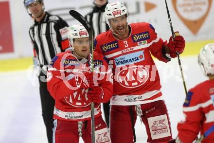 EBEL. Eishockey Bundesliga. KAC gegen HC Orli Znojmo. Torjubel Kevin Kapstad, David Joseph Fischer (KAC). Klagenfurt, am 15.9.2017.
Foto: Kuess

---
pressefotos, pressefotografie, kuess, qs, qspictures, sport, bild, bilder, bilddatenbank