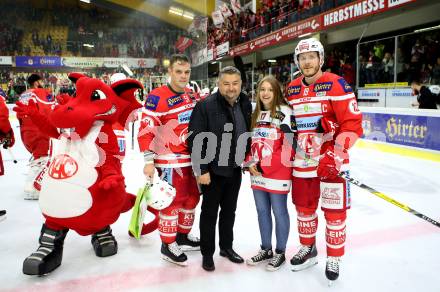 EBEL. Eishockey Bundesliga. KAC gegen HC Orli Znojmo. Spieler des Abends. Kevin Kapstad, Stefan Geier (KAC). Klagenfurt, am 15.9.2017.
Foto: Kuess

---
pressefotos, pressefotografie, kuess, qs, qspictures, sport, bild, bilder, bilddatenbank