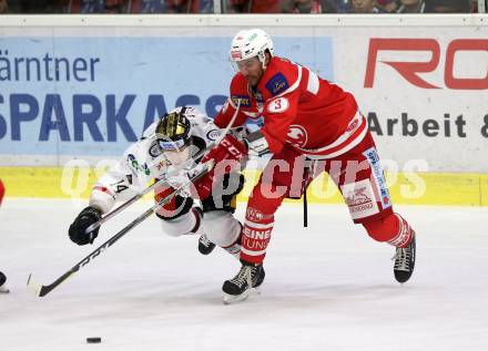 EBEL. Eishockey Bundesliga. KAC gegen HC Orli Znojmo. David Joseph Fischer, (KAC), Erik Nemec  (Znojmo). Klagenfurt, am 15.9.2017.
Foto: Kuess

---
pressefotos, pressefotografie, kuess, qs, qspictures, sport, bild, bilder, bilddatenbank