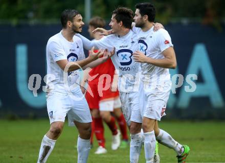 Fussball Kaerntner Liga. KAC 1909 gegen SAK. Torjubel Philipp Diex, Stephan Buergler, Patrick Lausegger (SAK). Klagenfurt, am 16.9.2017.
Foto: Kuess
---
pressefotos, pressefotografie, kuess, qs, qspictures, sport, bild, bilder, bilddatenbank