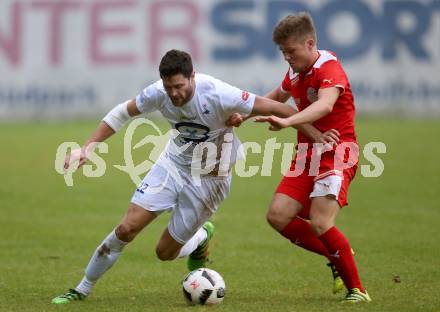 Fussball Kaerntner Liga. KAC 1909 gegen SAK. Florian Richard Peterl,  (KAC), Stephan Buergler (SAK). Klagenfurt, am 16.9.2017.
Foto: Kuess
---
pressefotos, pressefotografie, kuess, qs, qspictures, sport, bild, bilder, bilddatenbank