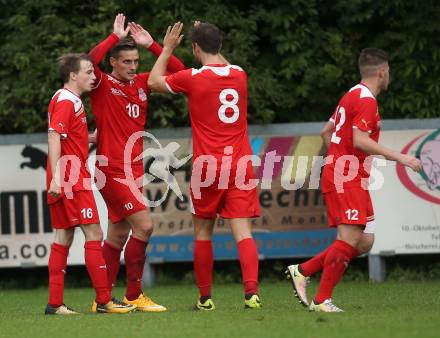 Fussball Kaerntner Liga. KAC 1909 gegen SAK. Torjubel Robert Matic, Tobias Alexander Schaflechner, Marcel Guenther Kuster, Markus Pavic (KAC). Klagenfurt, am 16.9.2017.
Foto: Kuess
---
pressefotos, pressefotografie, kuess, qs, qspictures, sport, bild, bilder, bilddatenbank