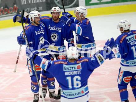 EBEL. Eishockey Bundesliga. EC VSV gegen KAC. Torjubel Stefan Bacher, Dave Shields, Jordan Hickmott, Ben Walter, Robert Flick (VSV). Villach, am 19.9.2017.
Foto: Kuess 


---
pressefotos, pressefotografie, kuess, qs, qspictures, sport, bild, bilder, bilddatenbank